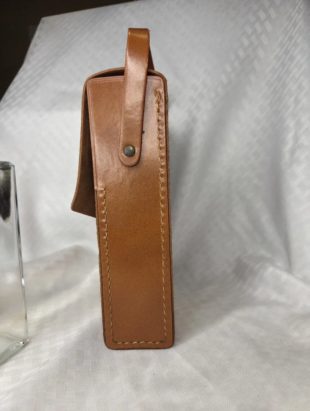 Vintage MCM Portable Bartender Leather Set 3 Glass Bottles 2 Plastic Shots